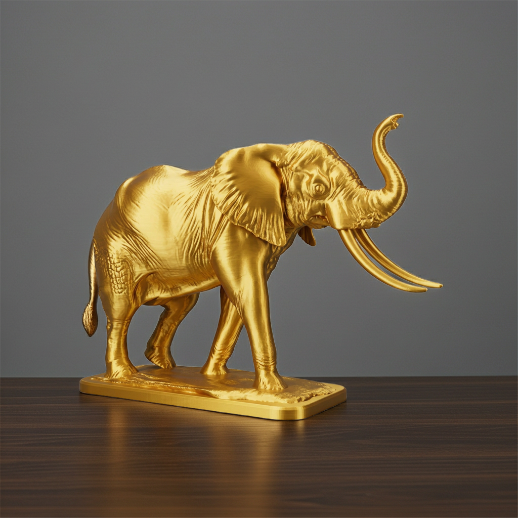 The Majestic Elephant Sculpture in gold, silver, grey, or black finish by MokshaGoldSculptures.