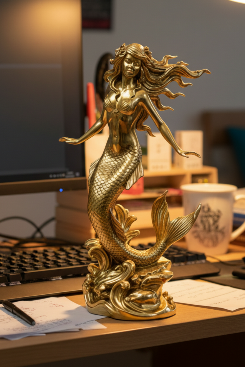 The Polished Brass Mermaid Sculpture in high polish finish by MokshaGoldSculptures.