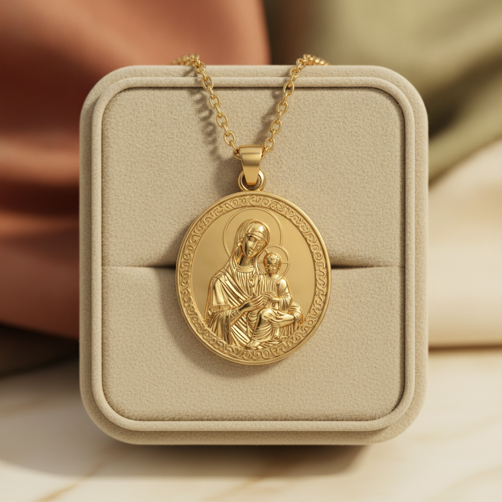 Virgin Mary & Child Coin Pendant Necklace | Blessed Mother Medallion | Christian Jewelry in 18K Gold, Sterling Silver or Yellow Brass