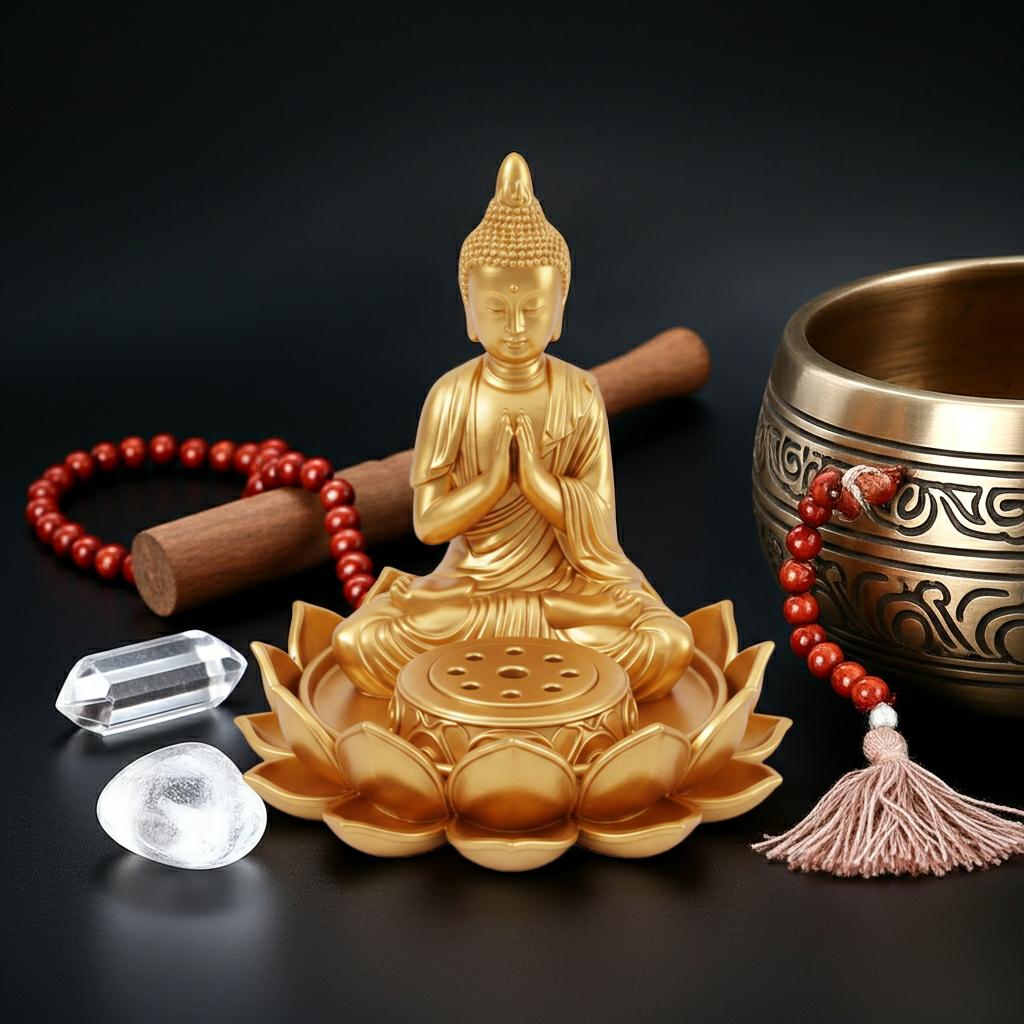 Lotus Buddha Incense Holder in golden finish by MokshaGoldSculptures, with Buddha statue and meditation accents.
