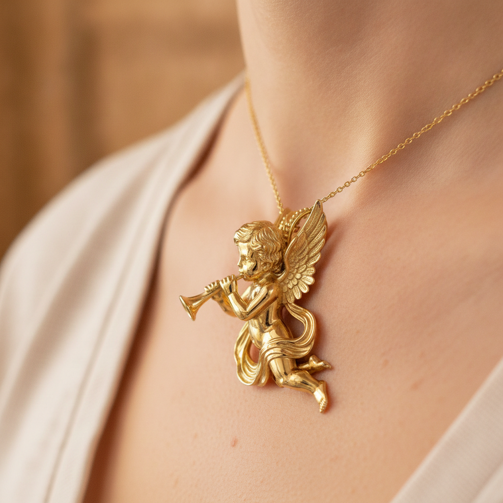Golden Cherub Flute Pendant Necklace | Guardian Angel Jewelry | 9K Gold, Sterling Silver & Yellow Brass