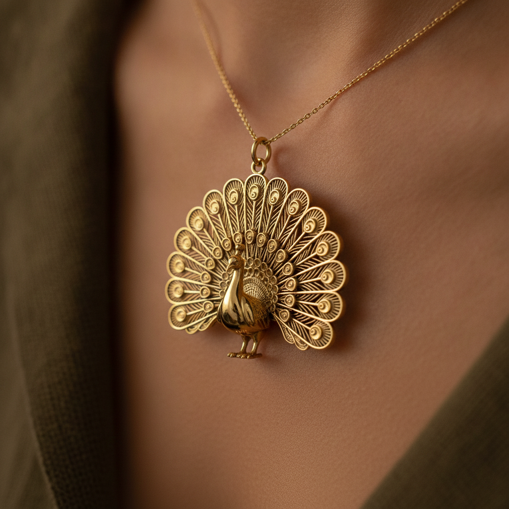 The Peacock Pendant Necklace in 9K gold by MokshaGoldSculptures, nature-inspired with polished finish.