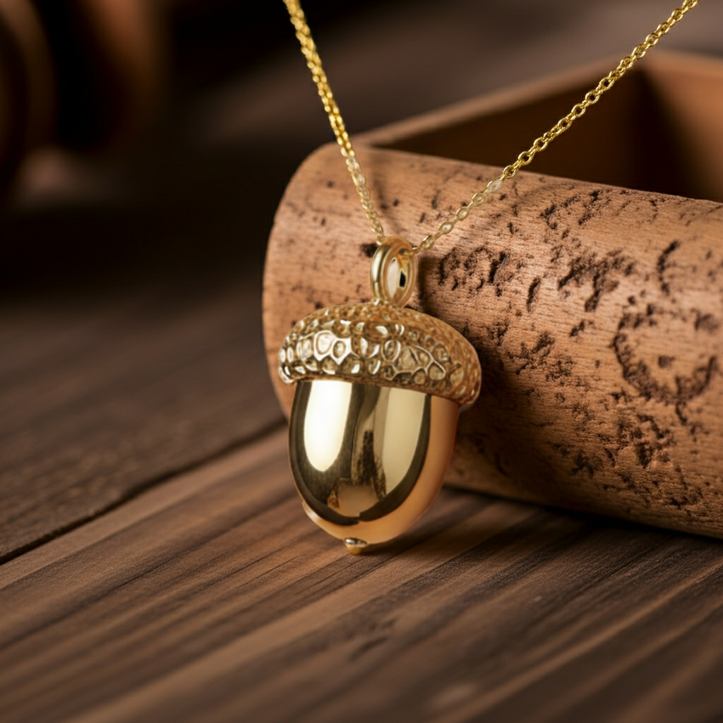 The Gold Acorn Pendant Necklace in 24K gold plated finish by MokshaGoldSculptures, displayed with a carved wooden box.