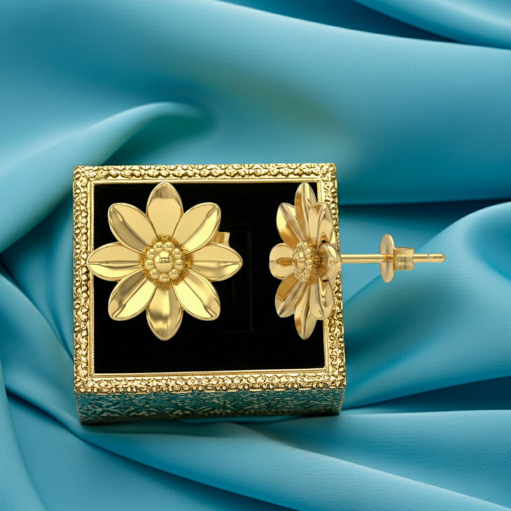 Polished brass flower stud earrings by MokshaGoldSculptures in gold-trimmed box, botanical jewelry, handmade.