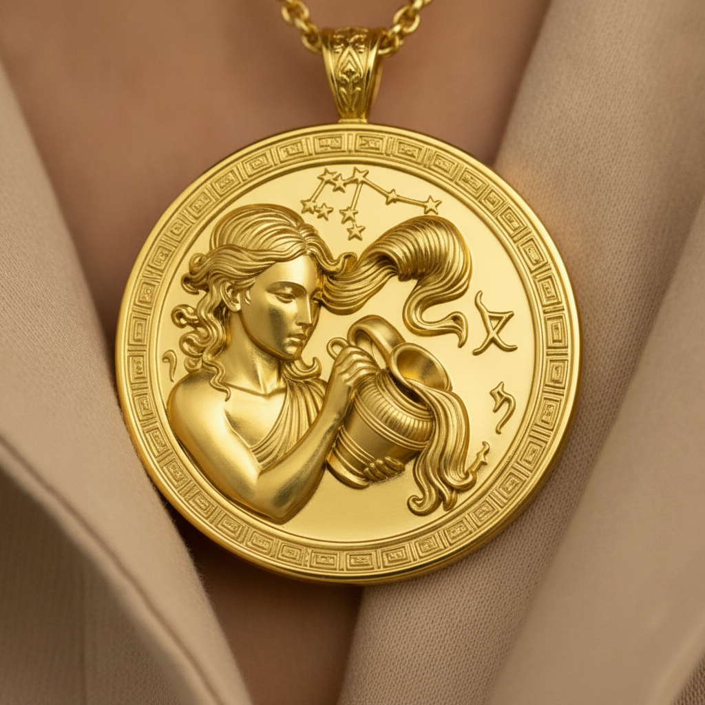 Aquarius Zodiac Pendant Necklace in 9K gold by MokshaGoldSculptures, celestial medallion on chain, matte finish.