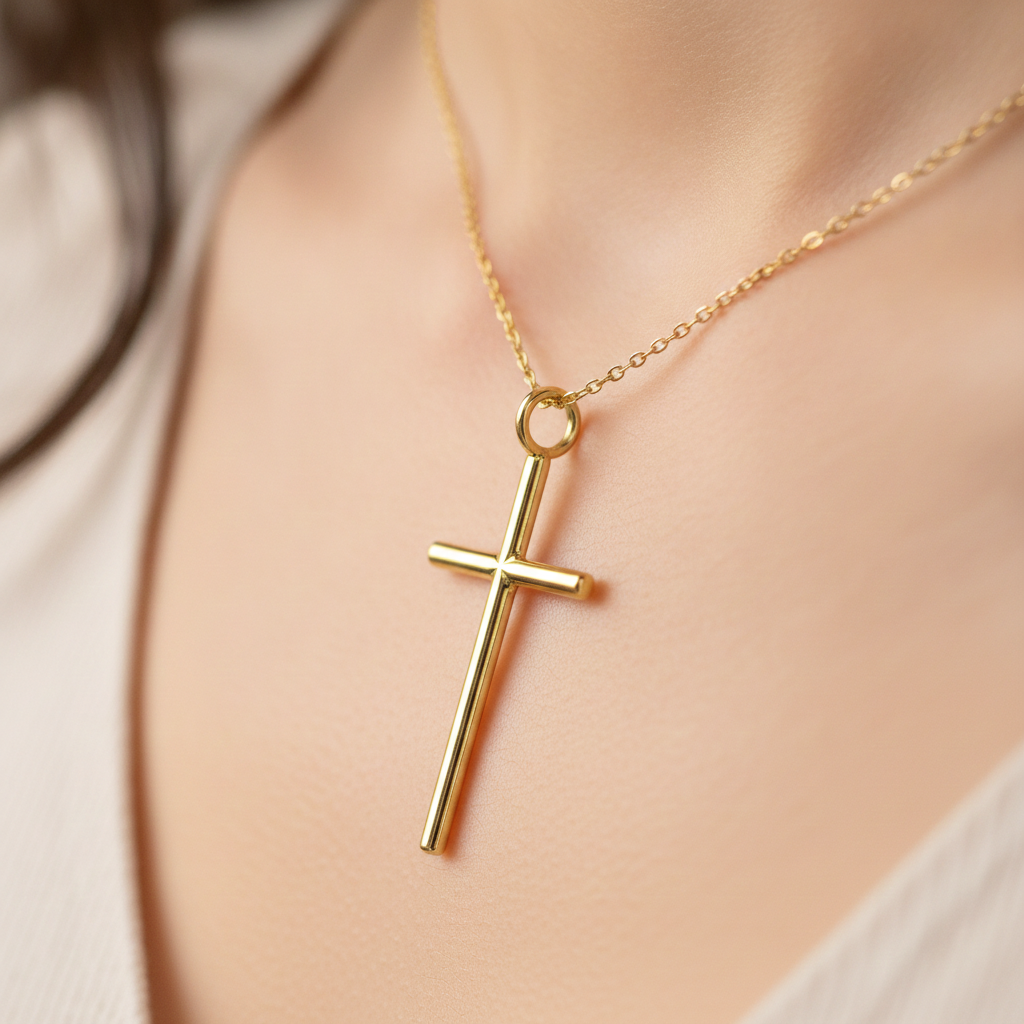 Minimalist Cross Pendant Necklace in 9K gold by MokshaGoldSculptures, shown on chest with part of light top visible.