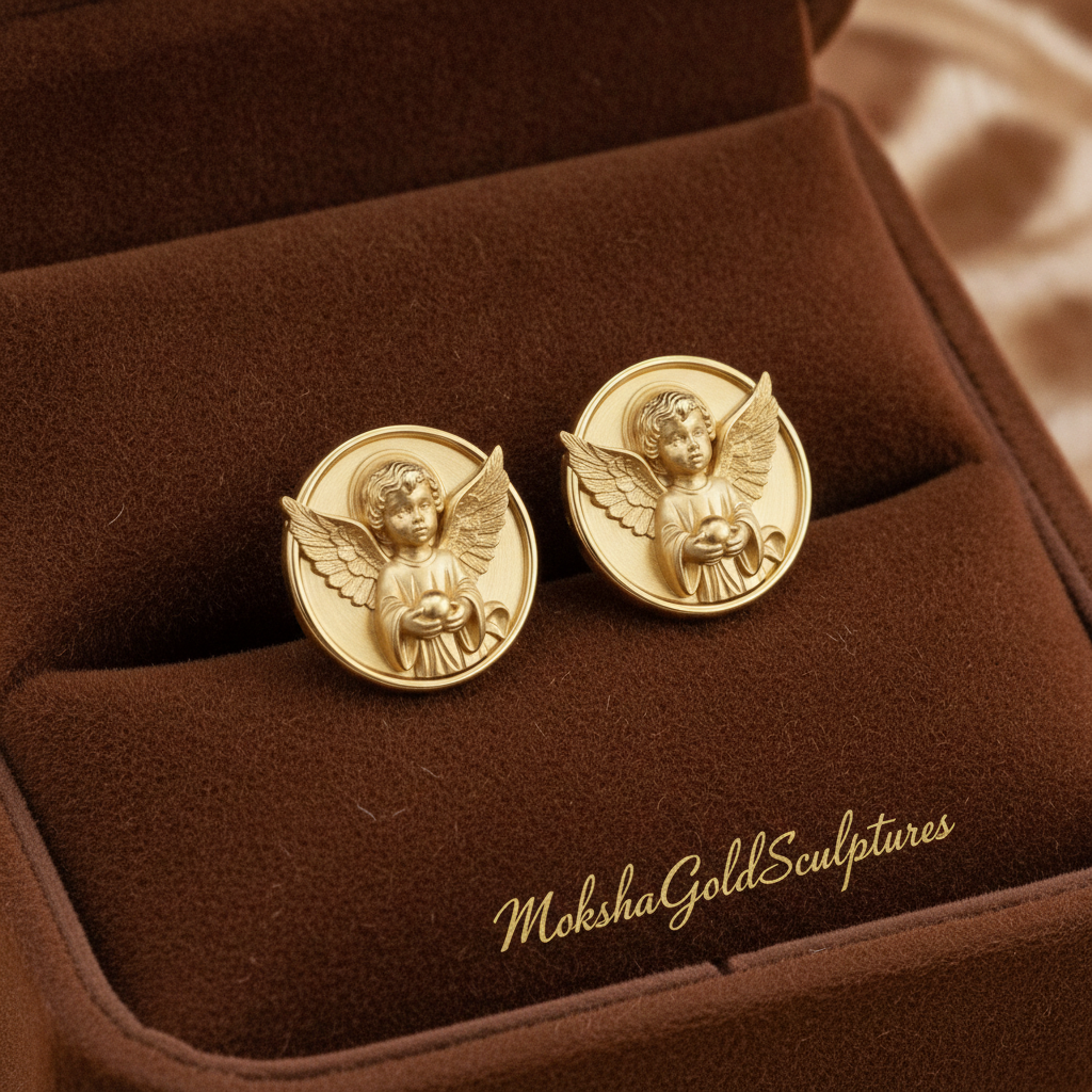 Angel Cherub Medallion Stud Earrings | 9K Gold, Sterling Silver or Brass | Celestial Angel Earrings | Religious Jewelry | Handmade Gift for Her