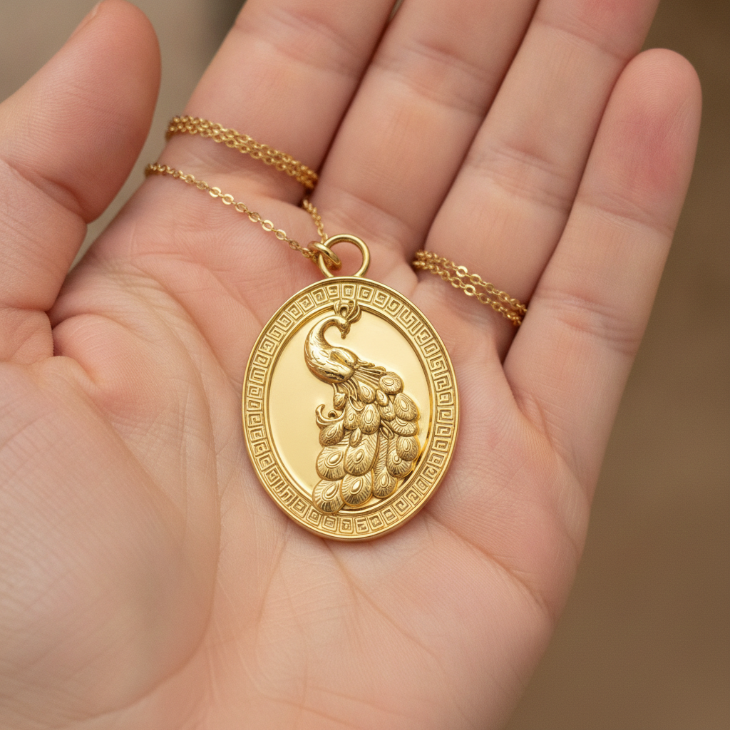 Gothic Peacock Coin Pendant Necklace | 9K Gold, Sterling Silver & Polished Yellow Brass | Art Nouveau Peacock Medallion | Nature Bird Jewelry | Gift for Her