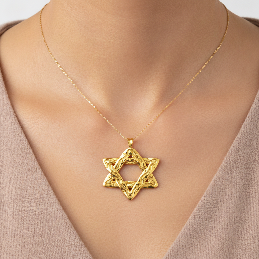 Interwoven Star of David Pendant Necklace in polished yellow brass by MokshaGoldSculptures.
