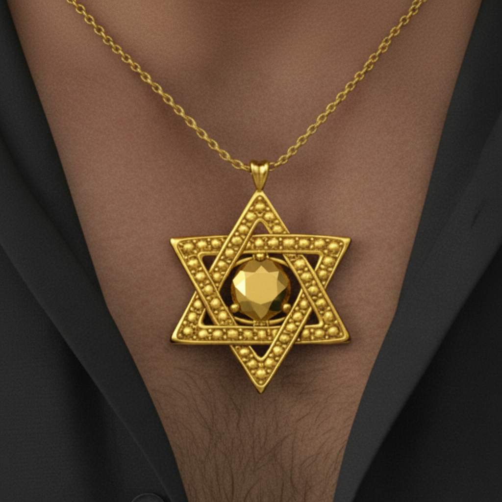 Star of David Pendant Necklace in 18K gold by MokshaGoldSculptures worn on gold chain.