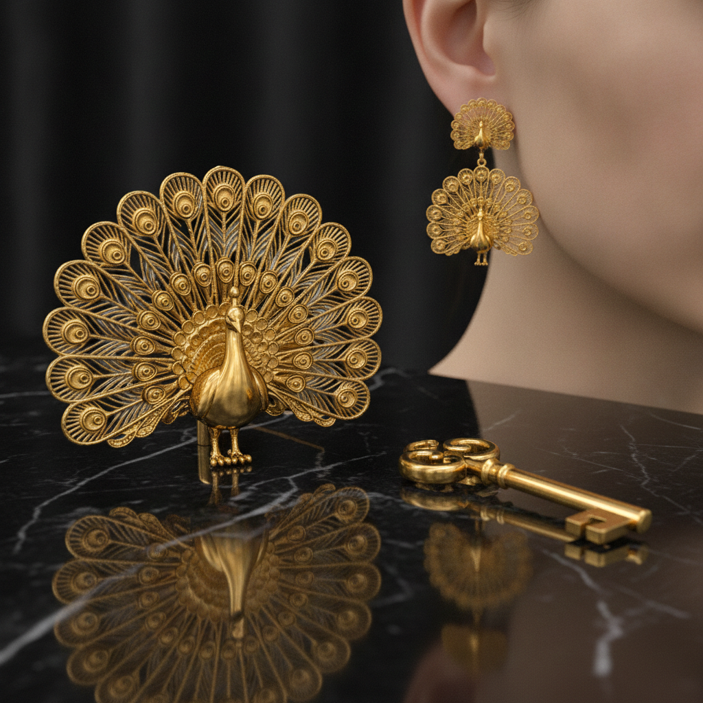 Peacock Stud Earrings in 9K gold by MokshaGoldSculptures, with matching brooch and vintage key on black marble.