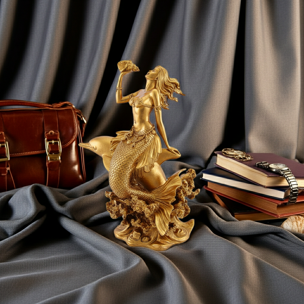 A Golden Mermaid with Dolphin and Konch Shell statue in gold finish by MokshaGoldSculptures on fabric background.