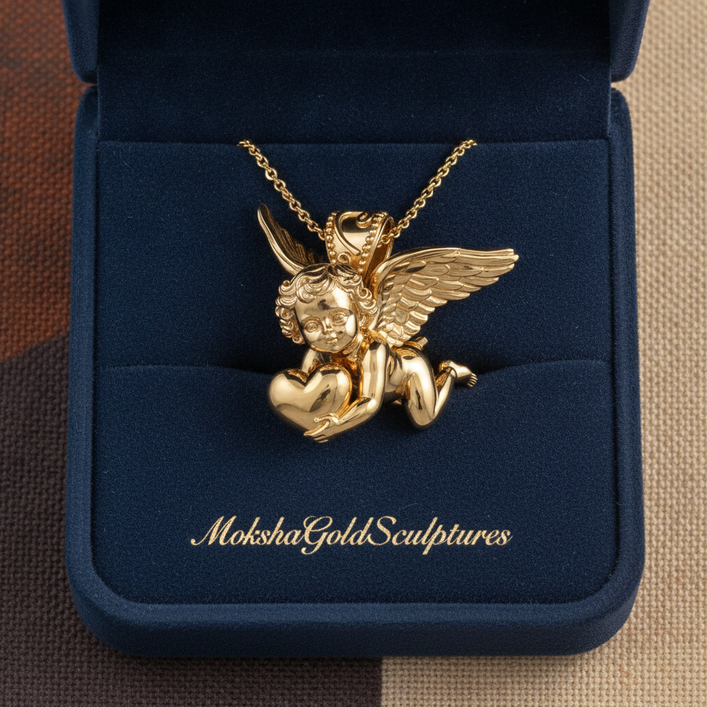 Golden Cherub with Heart Pendant Necklace | Angel of Love & Protection | 9K Gold, Sterling Silver or Polished Brass | Handmade Religious Jewelry Gift