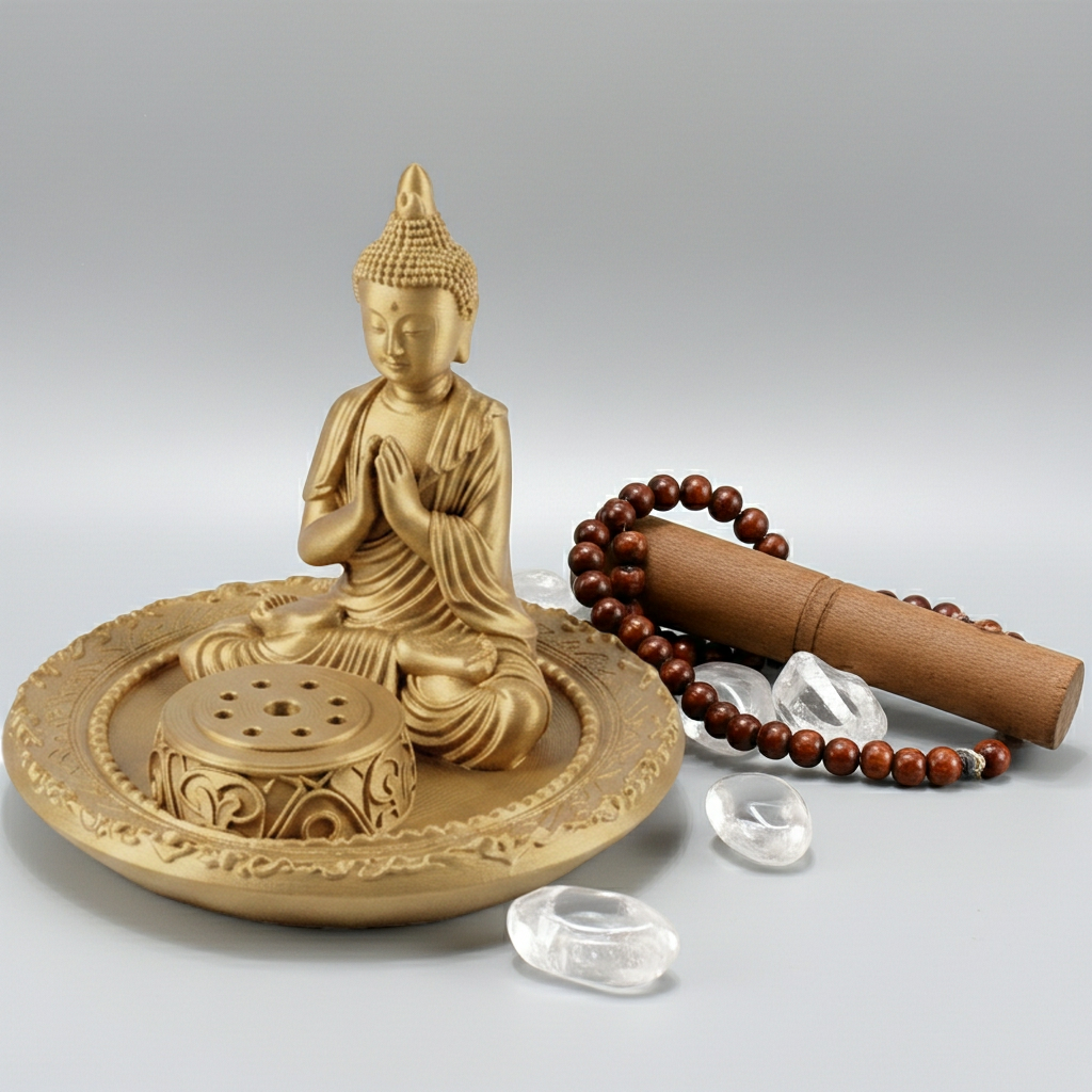 The Buddha Incense Holder Tray in gold or silver resin finish by MokshaGoldSculptures, with bracelet and stones.