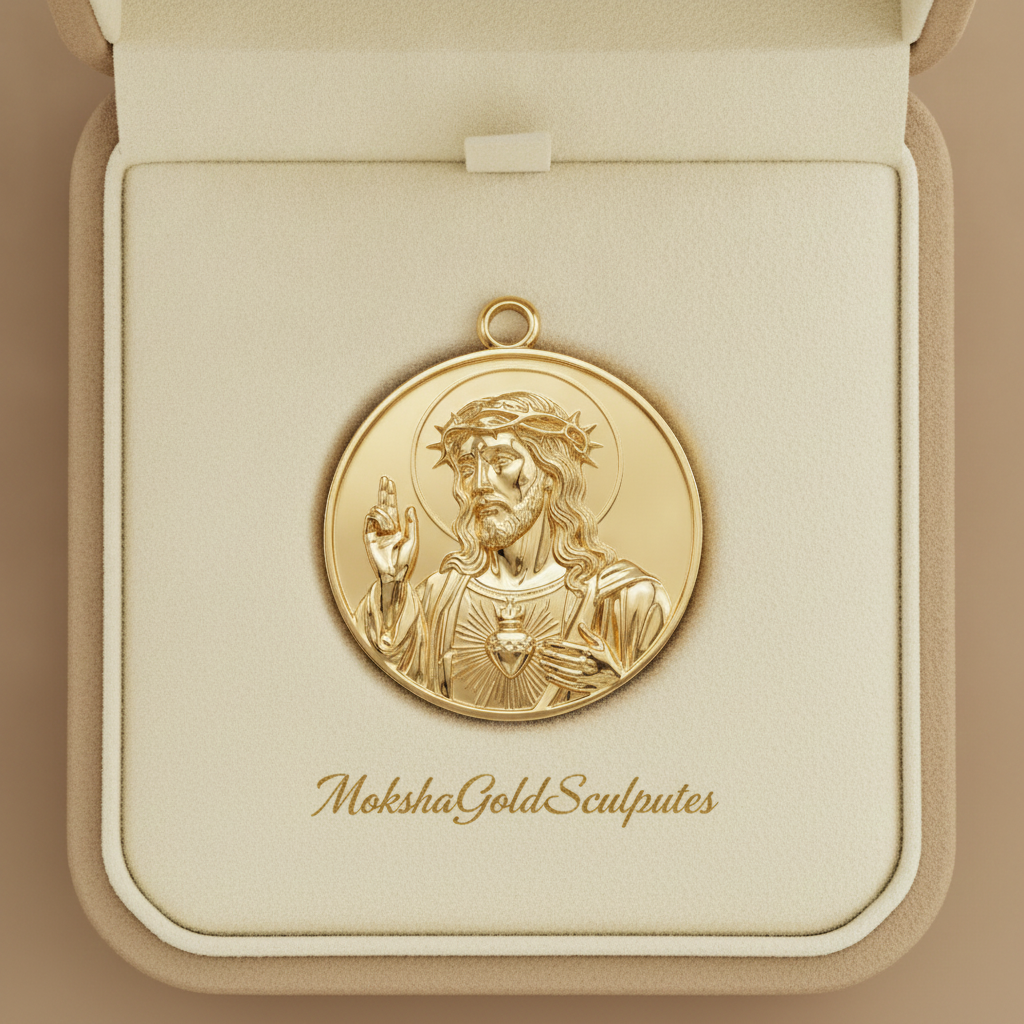 Jesus Sacred Heart Coin Pendant Necklace | 18K Gold Plated, Sterling Silver or Polished Brass | Christian Medallion | Catholic Religious Jewellery | 30mm