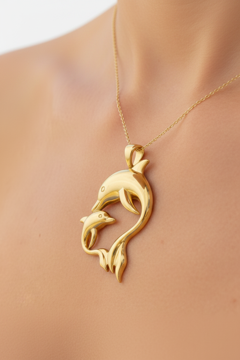 Dolphin Mother & Baby Pendant Necklace in high polished 18K white gold by MokshaGoldSculptures.