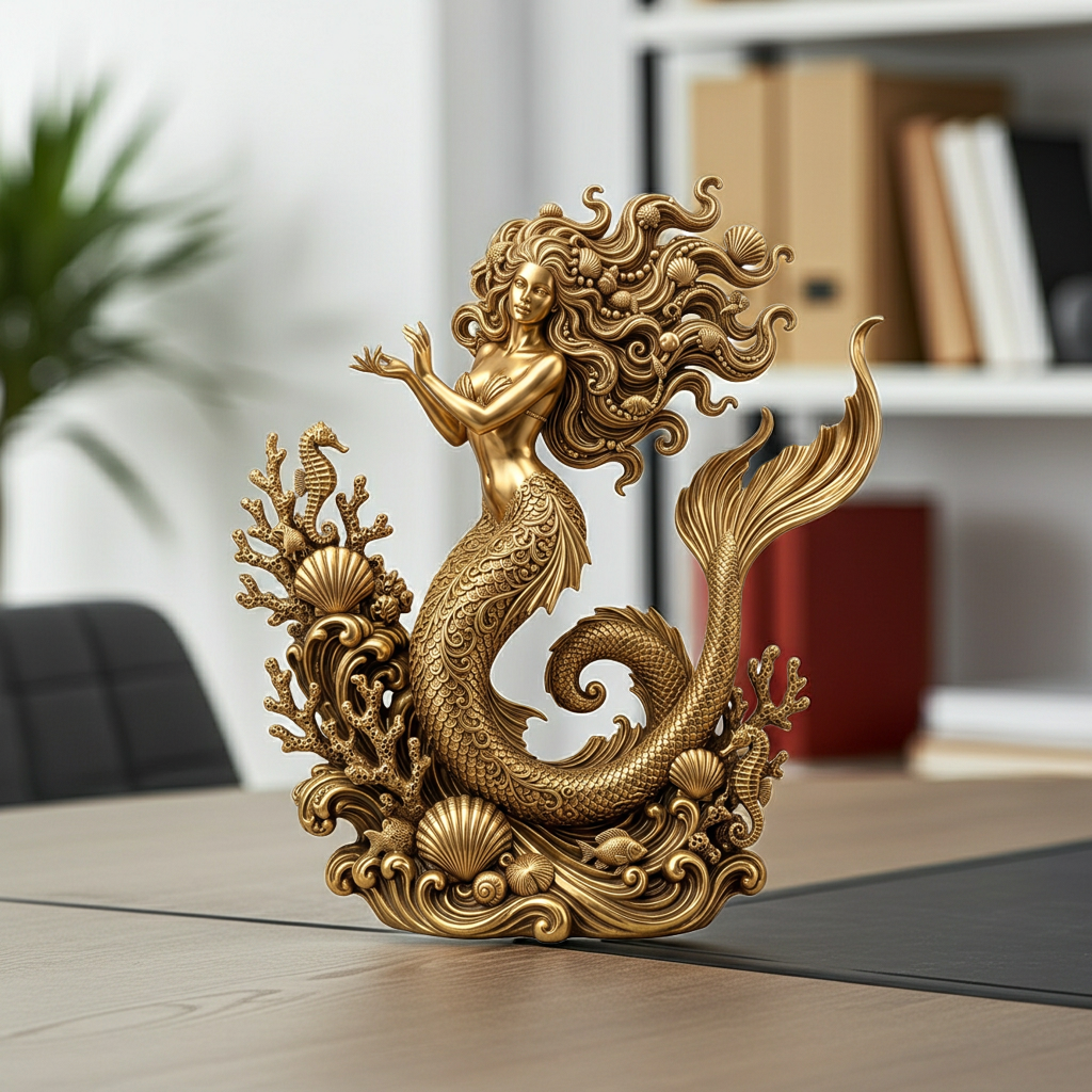 The Golden Mermaid Statue 250mm in gold finish by MokshaGoldSculptures, textured tail and flowing hair.