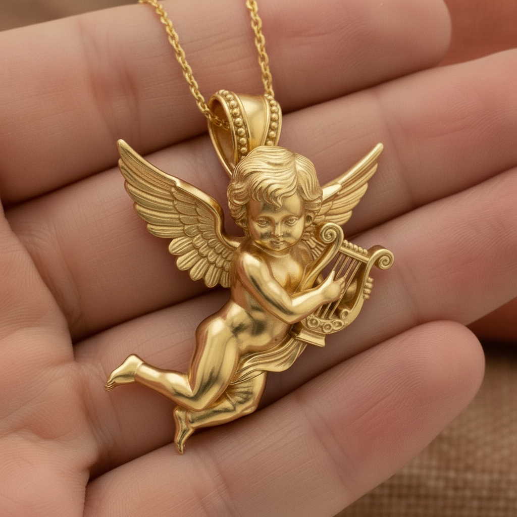 Golden Cherub Harp Pendant Necklace, Guardian Angel Jewelry, 9K Gold Angel Pendant, Sterling Silver Cherub Necklace, Religious Gift