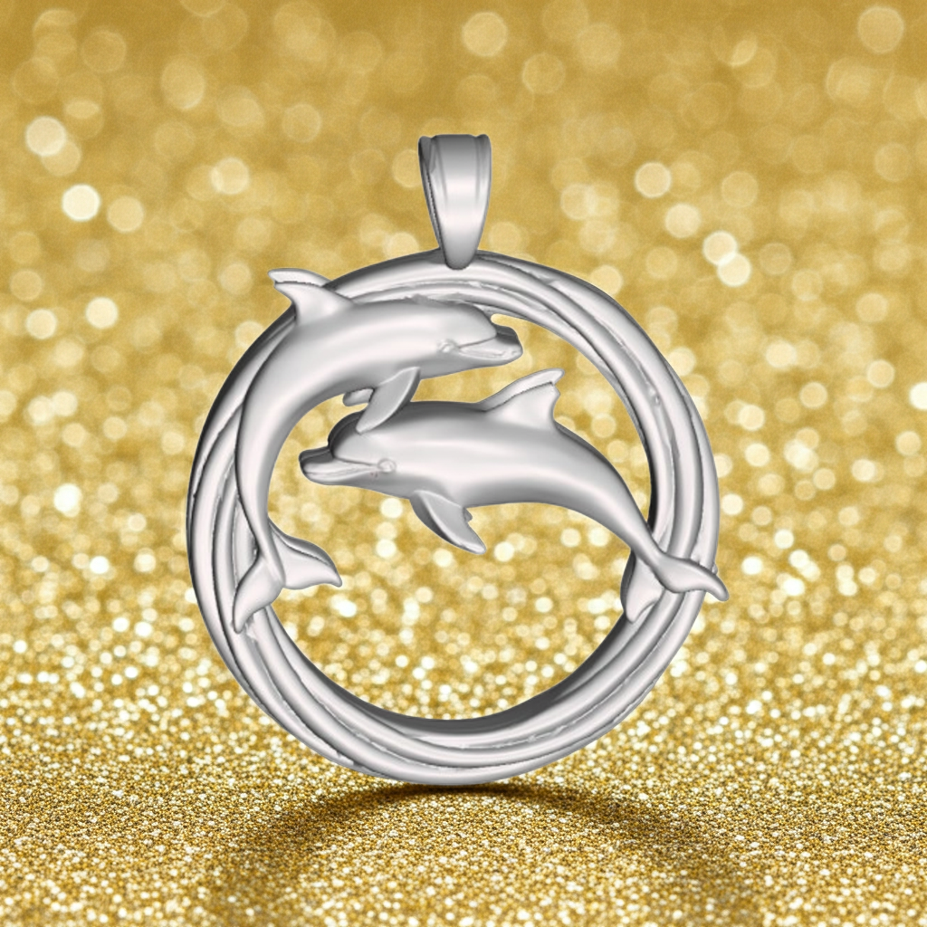 Polished Dolphin Circle Pendant with Bail – Classic Double Dolphin Necklace Charm – 29 x 23 mm