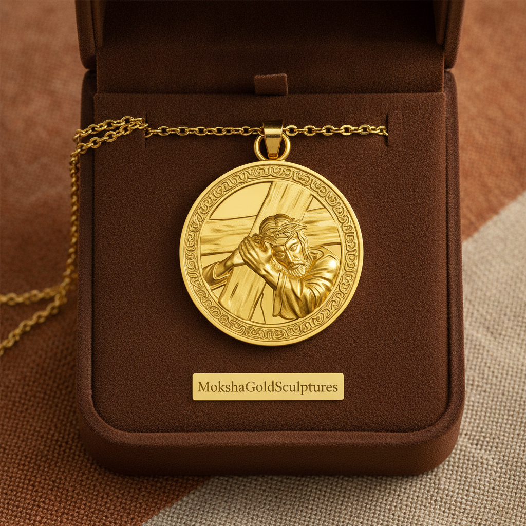 The Jesus Carrying the Cross Medallion Pendant in 9K gold by MokshaGoldSculptures, shown with chain in a brown box.