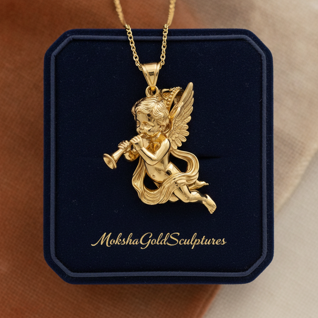 Golden Cherub Flute Pendant Necklace | Guardian Angel Jewelry | 9K Gold, Sterling Silver & Yellow Brass