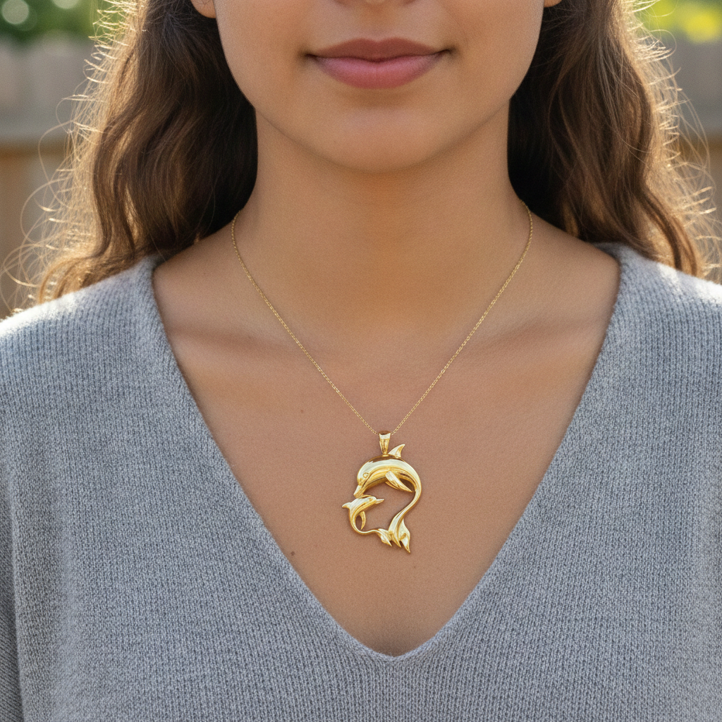 Dolphin Mother & Baby Pendant Necklace in polished yellow brass by MokshaGoldSculptures on woman in gray sweater.