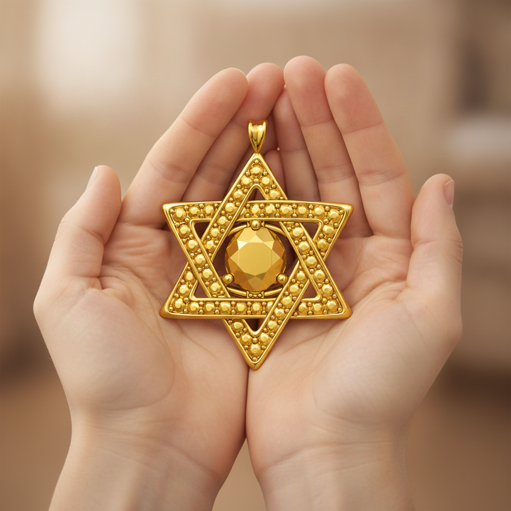 Star of David Pendant Necklace in 18K gold by MokshaGoldSculptures, held gently against a soft blurred background.
