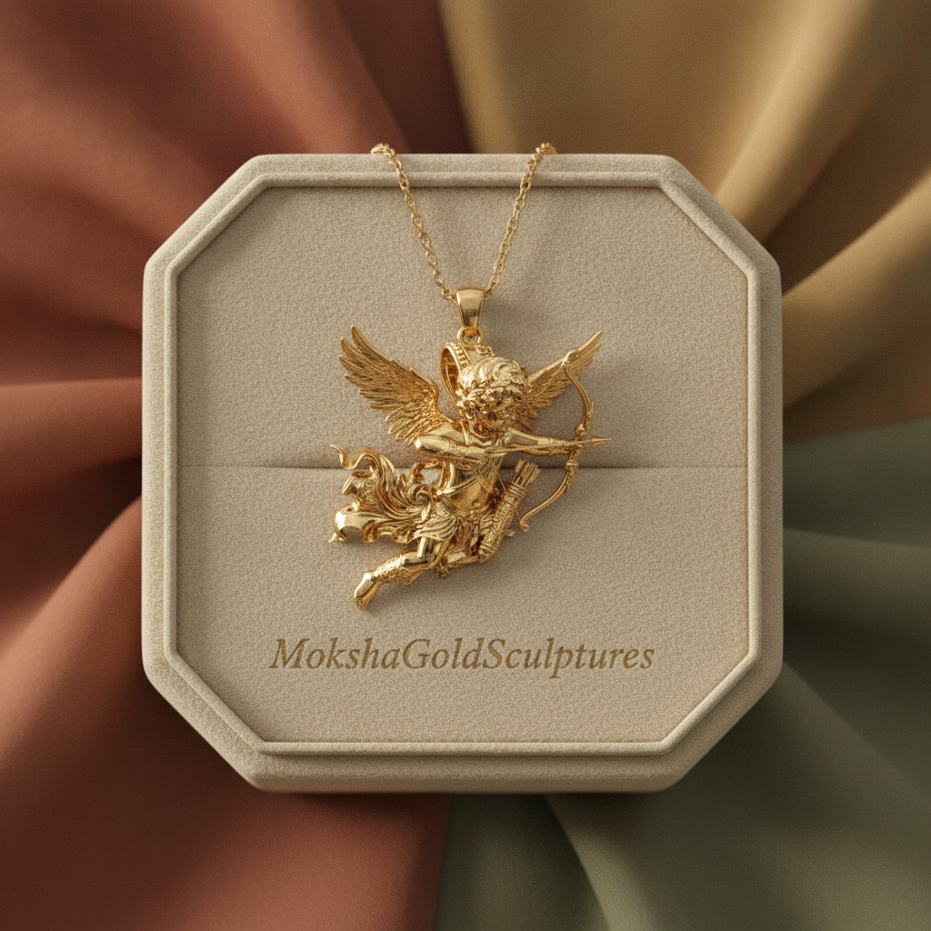 Winged Cupid Archer Pendant Necklace | Cherub Angel with Bow & Arrow | Handmade in 9K Gold, Sterling Silver & Yellow Brass