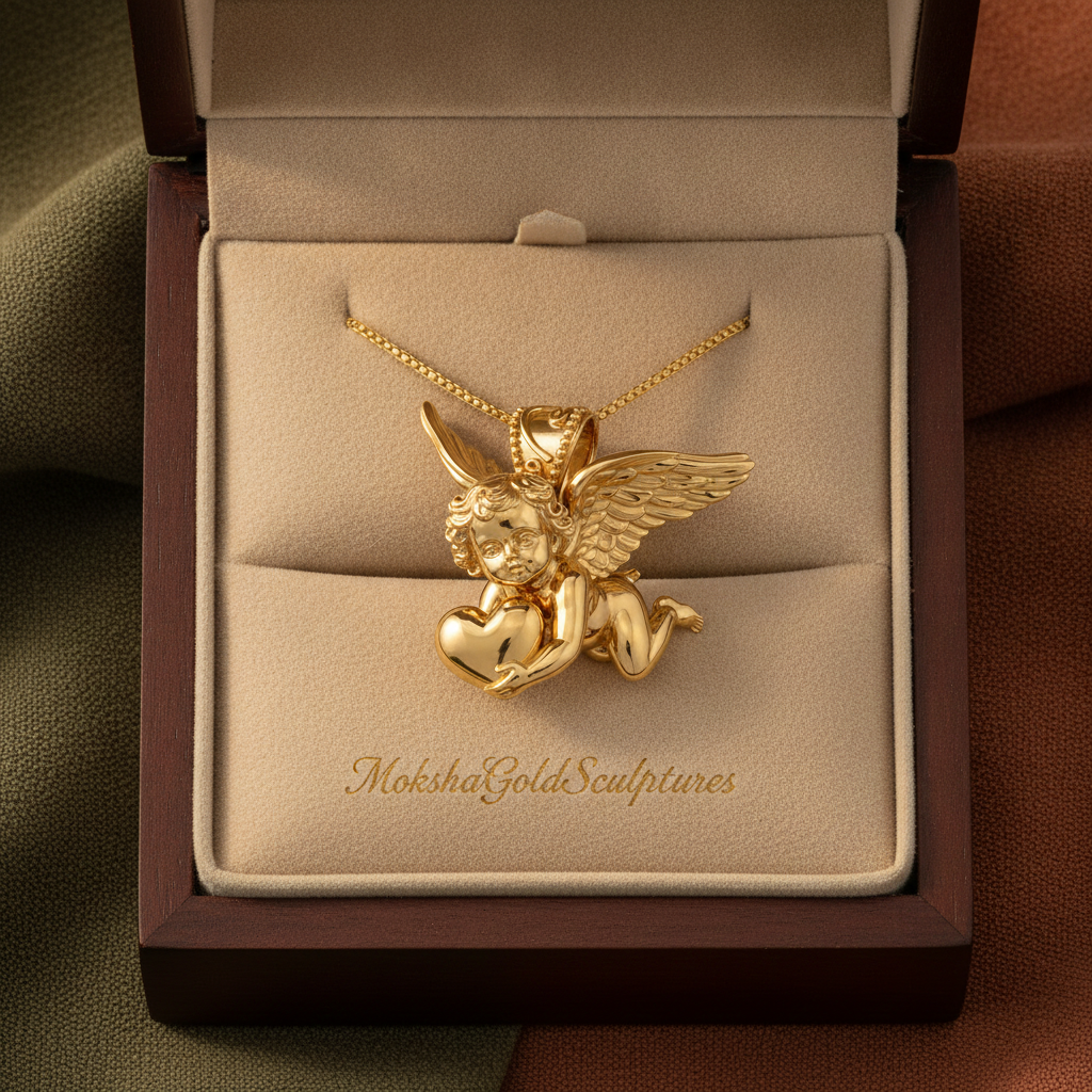 Golden Cherub with Heart Pendant Necklace | Angel of Love & Protection | 9K Gold, Sterling Silver or Polished Brass | Handmade Religious Jewelry Gift