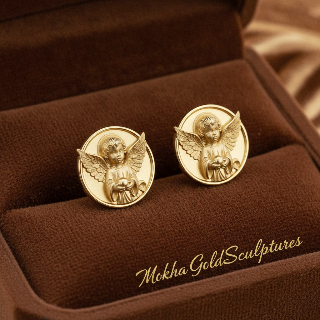 Angel Cherub Medallion Stud Earrings | 9K Gold, Sterling Silver or Brass | Celestial Angel Earrings | Religious Jewelry | Handmade Gift for Her
