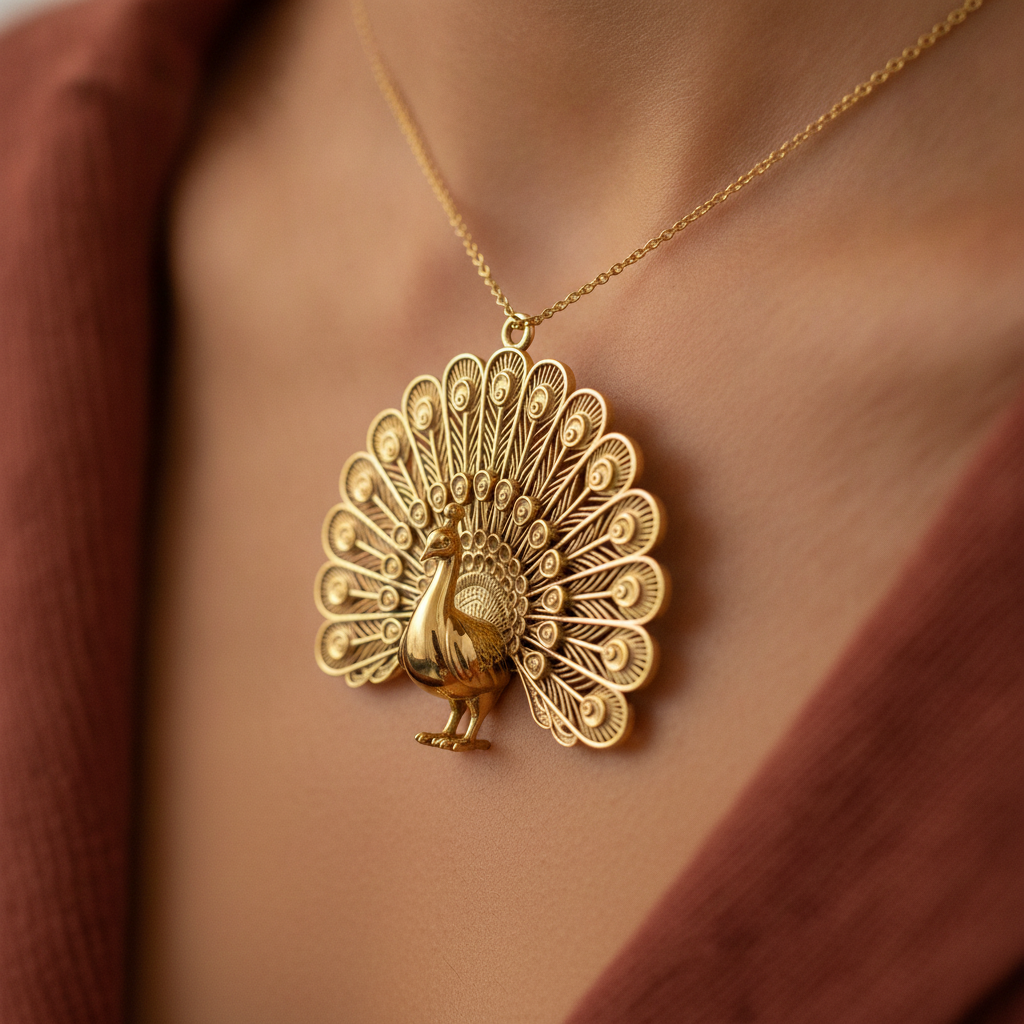 Peacock Pendant Necklace in polished brass by MokshaGoldSculptures—nature-inspired design with ornate fanned feathers.