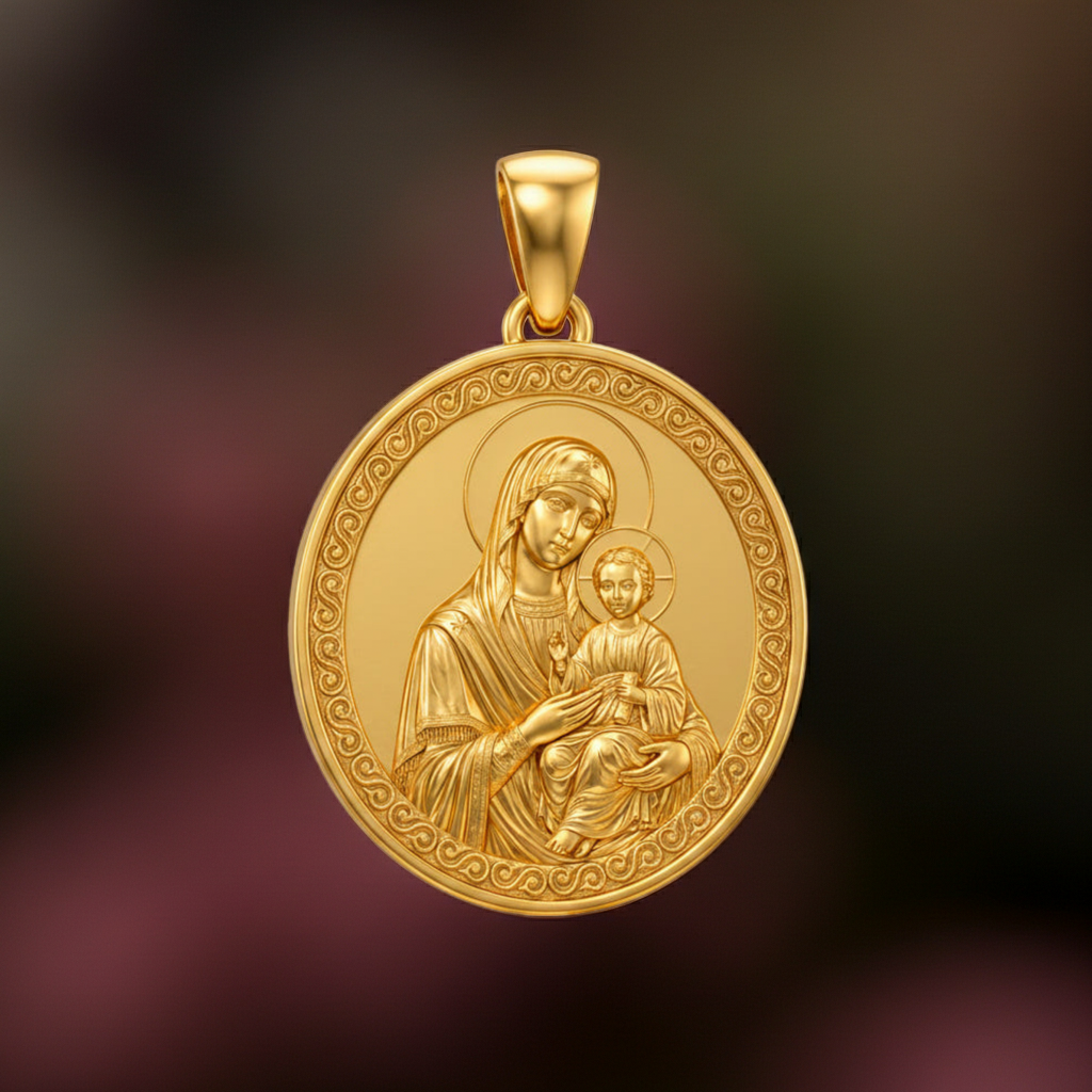 Mary with Baby Jesus Pendant Necklace – Ancient Religious Scene Jewelry – Catholic Christian Devotional Gift