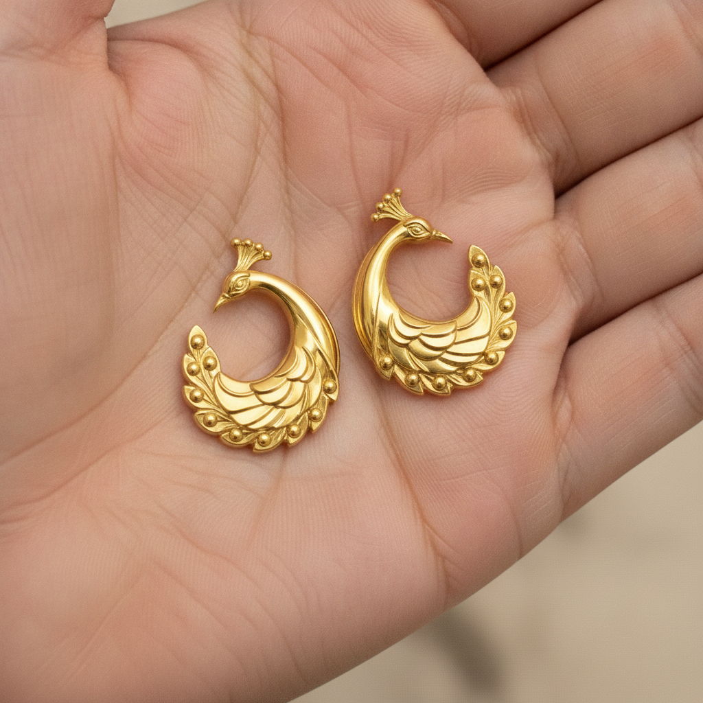 Peacock Stud Earrings – 9K Gold, Sterling Silver 925 or Polished Brass | Elegant Peacock Bird Earrings | Nature Inspired Jewellery | Handmade Gift for Her
