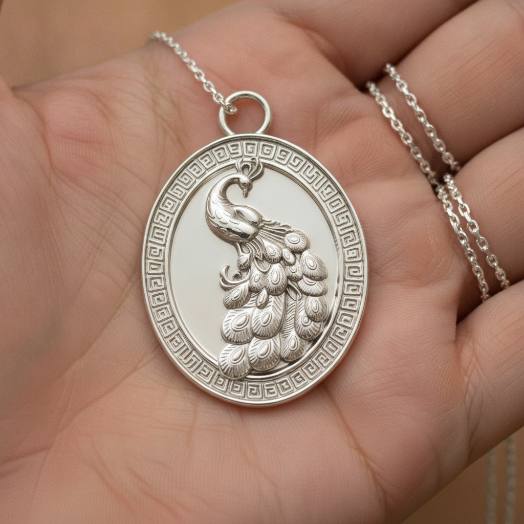 Gothic Peacock Coin Pendant Necklace | 9K Gold, Sterling Silver & Polished Yellow Brass | Art Nouveau Peacock Medallion | Nature Bird Jewelry | Gift for Her
