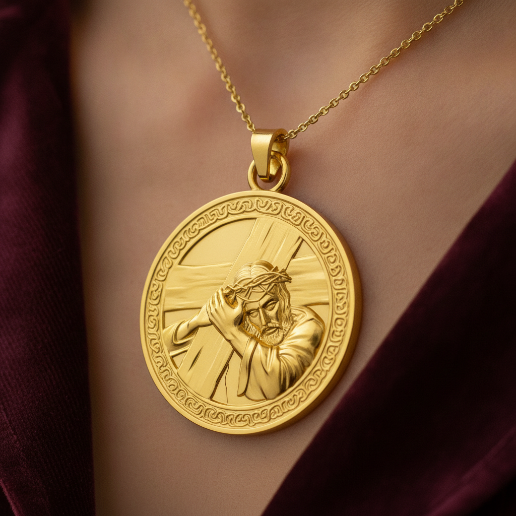 Jesus Carrying the Cross Medallion Pendant in 9K gold, silver, and brass by MokshaGoldSculptures.