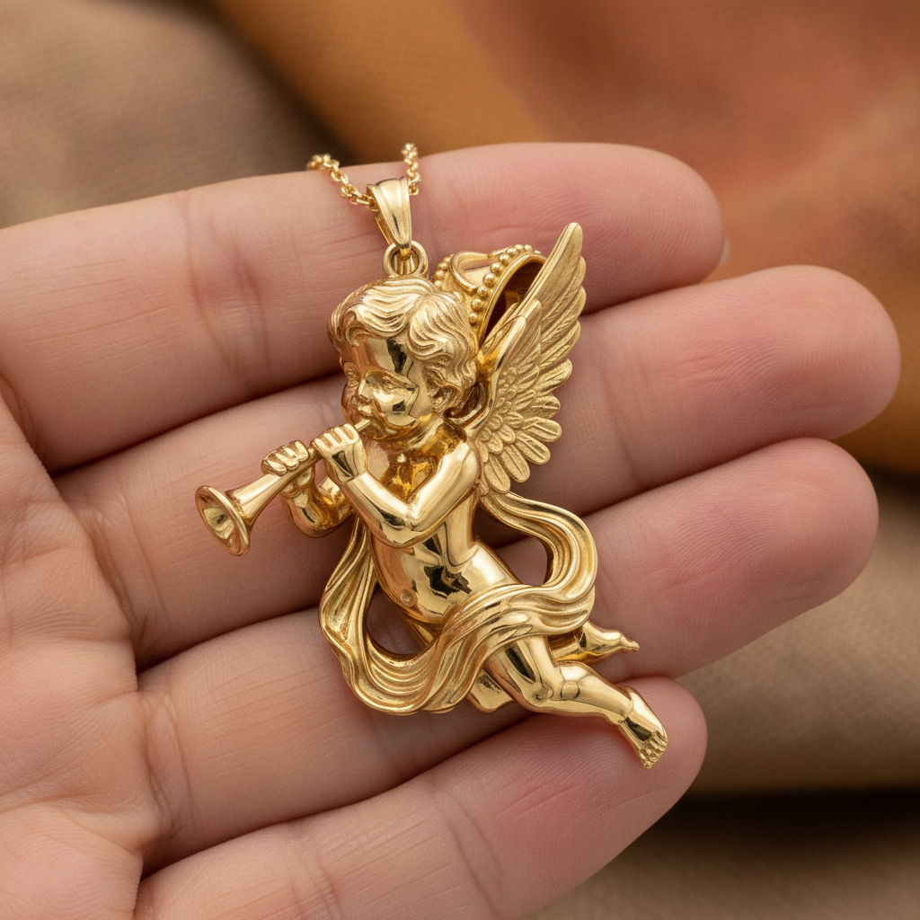 Golden Cherub Flute Pendant Necklace | Guardian Angel Jewelry | 9K Gold, Sterling Silver & Yellow Brass