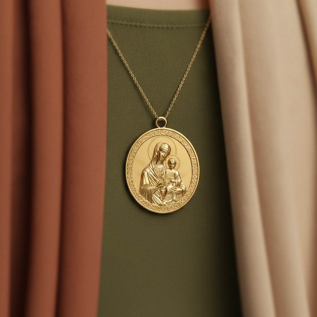 Virgin Mary & Child Coin Pendant Necklace | Blessed Mother Medallion | Christian Jewelry in 18K Gold, Sterling Silver or Yellow Brass