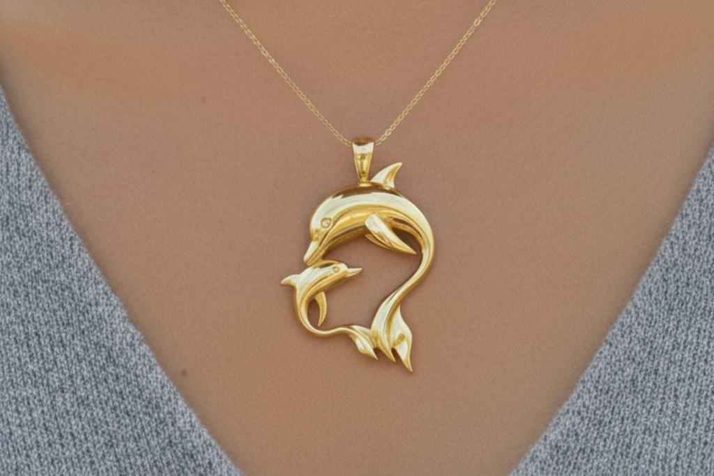 Dolphin Mother & Baby Pendant Necklace in 18K white gold high polish by MokshaGoldSculptures, circular dolphin design.