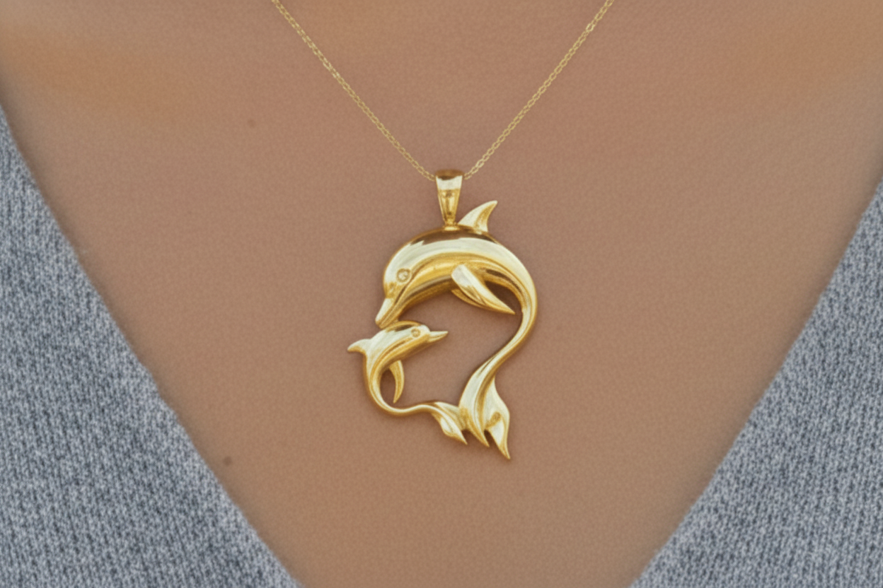 Dolphin Mother & Baby Pendant Necklace in 18K white gold high polish by MokshaGoldSculptures, circular dolphin design.