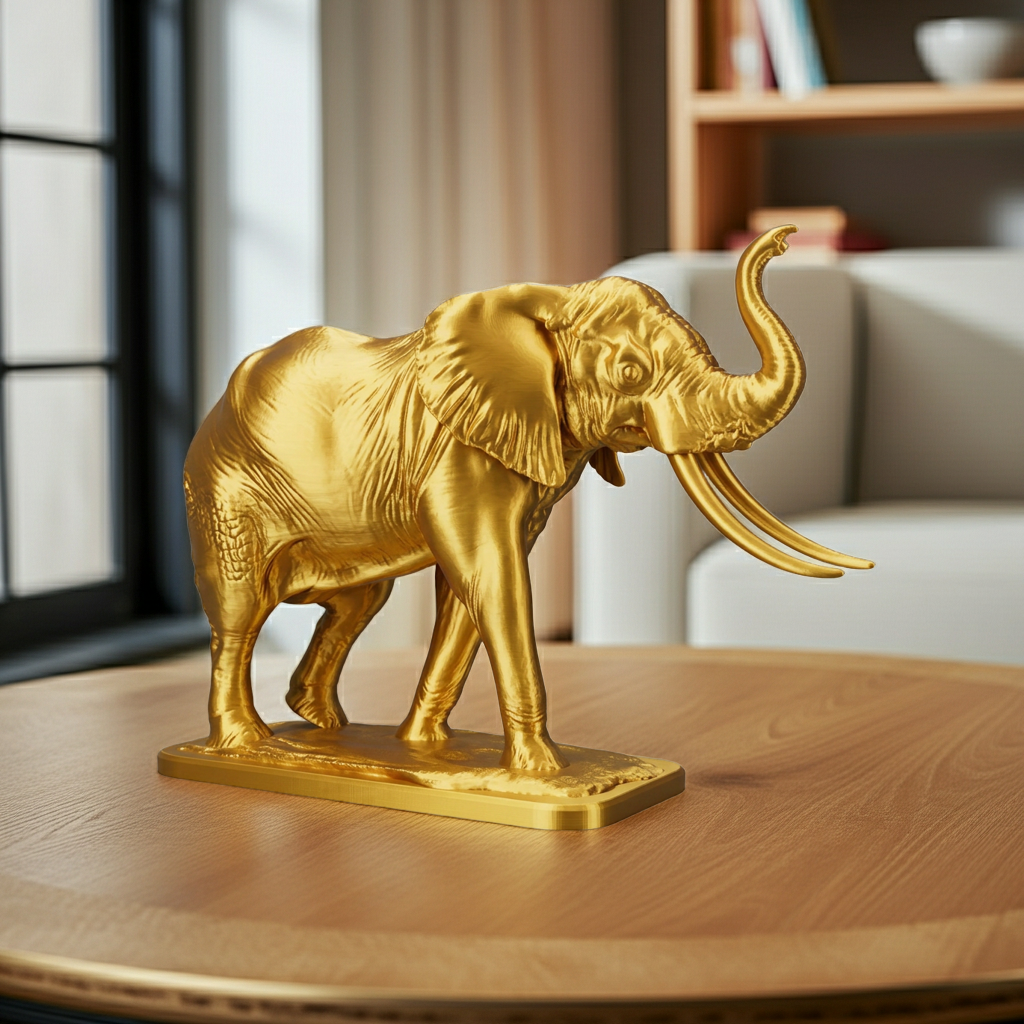 Majestic Elephant Sculpture in gold PLA finish by MokshaGoldSculptures displayed on a wooden table.