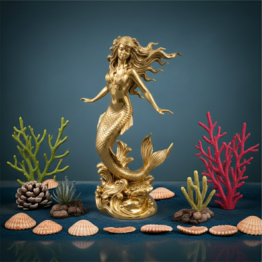 The Polished Brass Mermaid Sculpture in high polish by MokshaGoldSculptures, displayed with coral on blue backdrop.