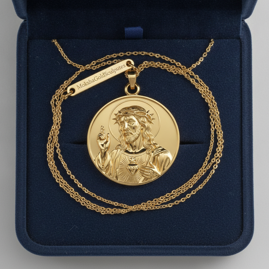 Jesus Sacred Heart Coin Pendant Necklace | 18K Gold Plated, Sterling Silver or Polished Brass | Christian Medallion | Catholic Religious Jewellery | 30mm