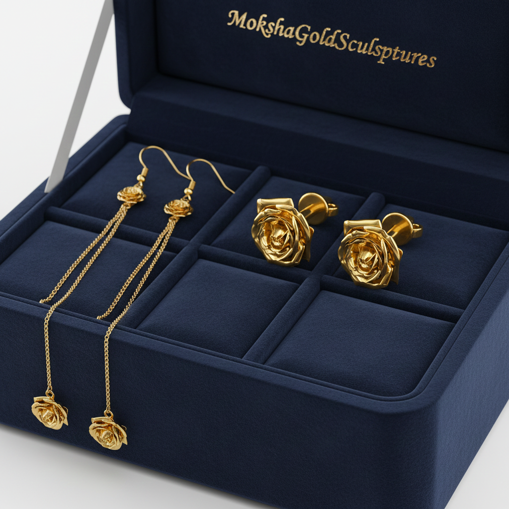 Rose Stud Earrings in polished brass by MokshaGoldSculptures, displayed in a navy blue branded box.