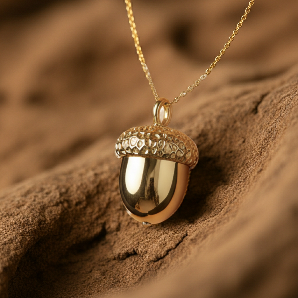 The Gold Acorn Pendant Necklace in polished 24K gold plate by MokshaGoldSculptures on a fine chain.