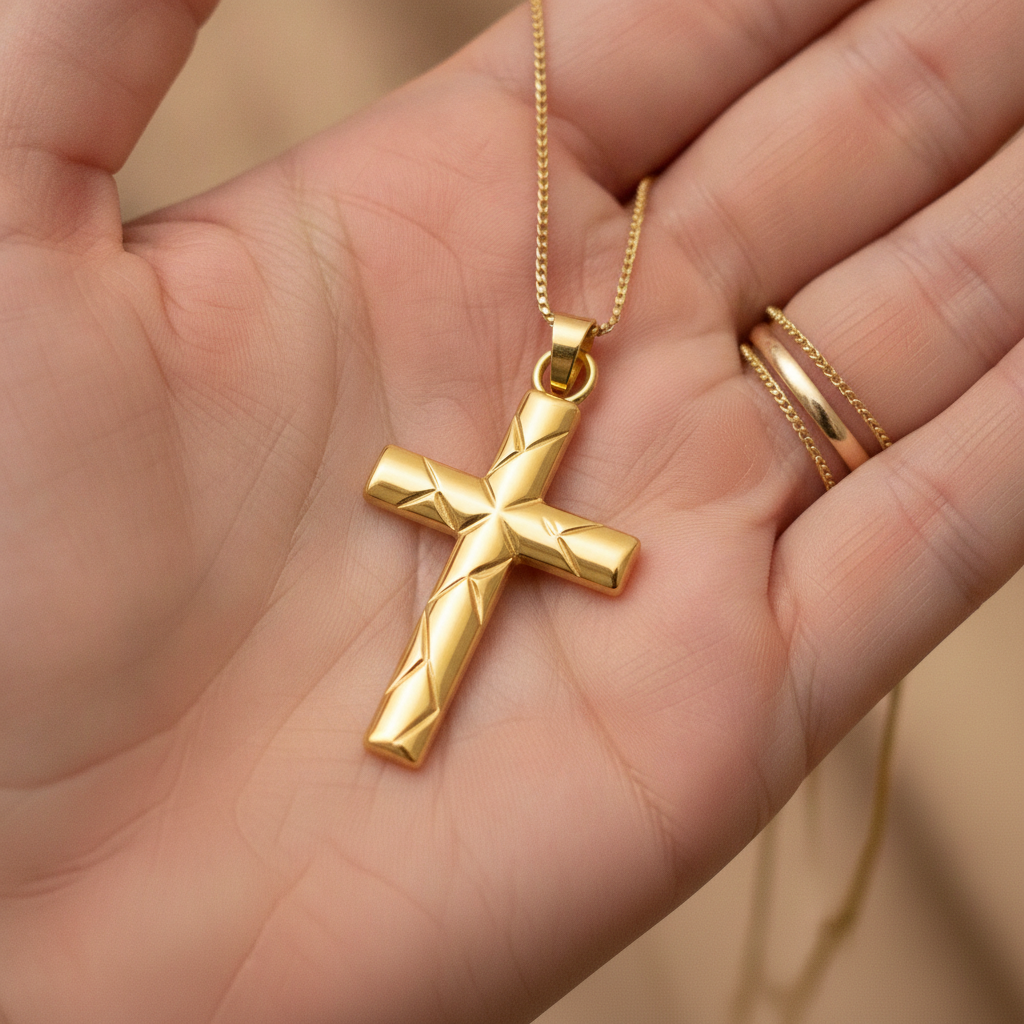 Faceted Cross Pendant Necklace in 9K gold by MokshaGoldSculptures, geometric charm on fine chain.