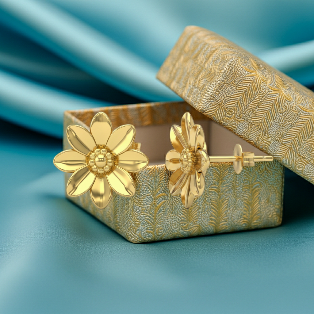Polished Brass Flower Stud Earrings by MokshaGoldSculptures, shown in ornate box with light blue fabric background.