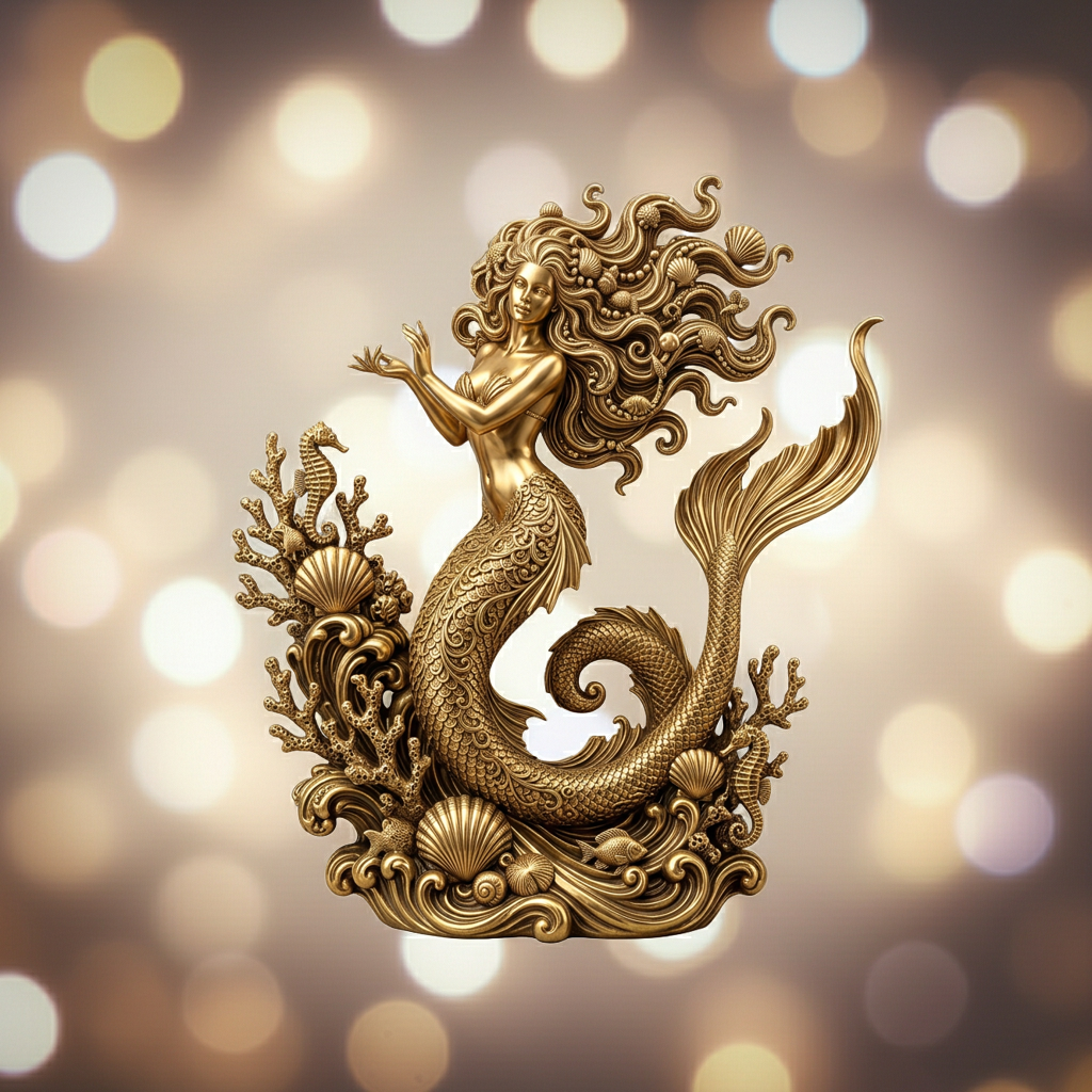 The Golden Mermaid Statue in gold finish by MokshaGoldSculptures, featuring a flowing-haired mermaid with a scaled tail.