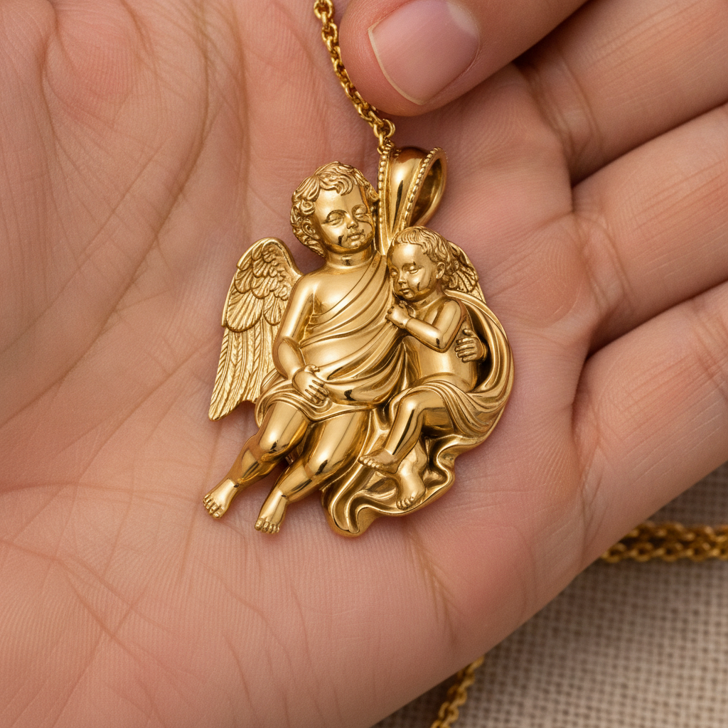 Golden Cherub Duo Pendant Necklace | Guardian Angel Pendant | 9K Gold, Sterling Silver & Yellow Brass | Religious Jewelry | Cherub Gift