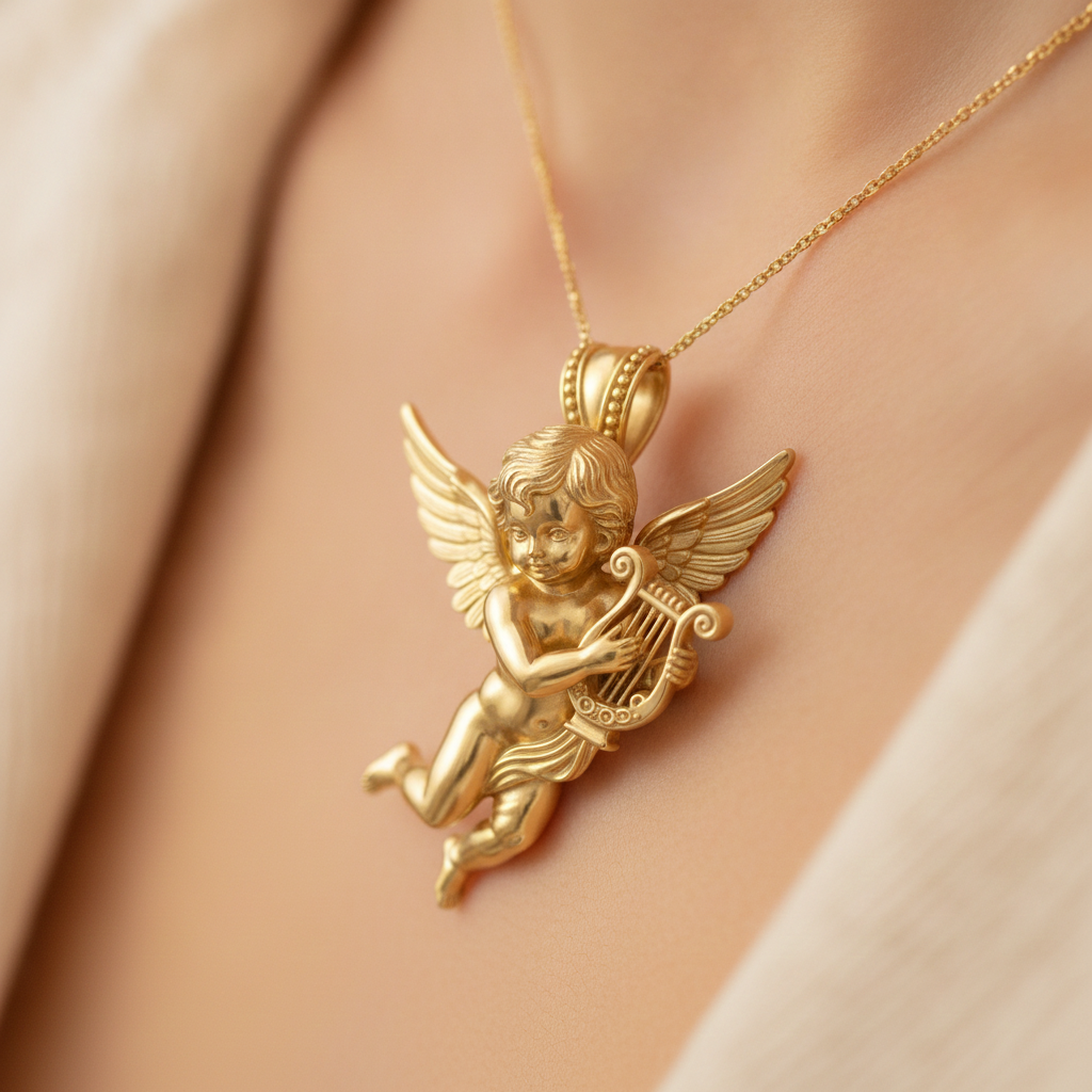 Golden Cherub Harp Pendant Necklace, Guardian Angel Jewelry, 9K Gold Angel Pendant, Sterling Silver Cherub Necklace, Religious Gift