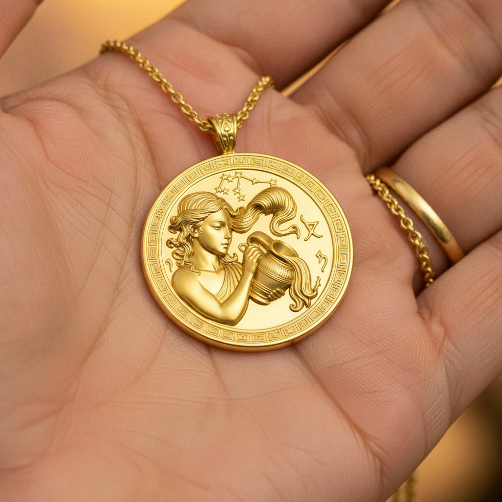 Aquarius Zodiac Pendant Necklace in 9K gold by MokshaGoldSculptures, with woman pouring water and celestial symbols.
